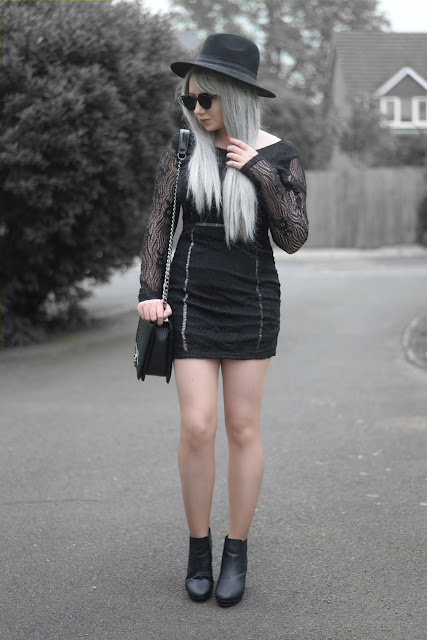 Sammi Jackson - Primark Black Fedora / Zaful Sunglasses / NaaNaa Mesh Cutout Dress / Oasap Quilted Flap Bag / Office Chunky Boots 