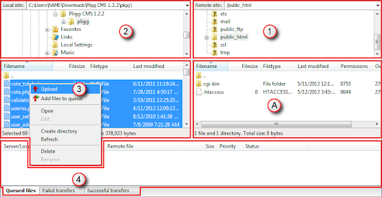 Step and option elements of FileZilla's window layout for uploading