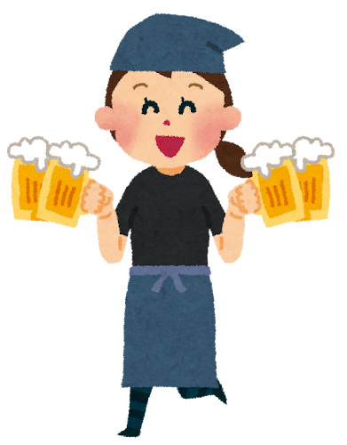 居酒屋・飲食店の店員のイラスト「ビールを運ぶ店員さん」