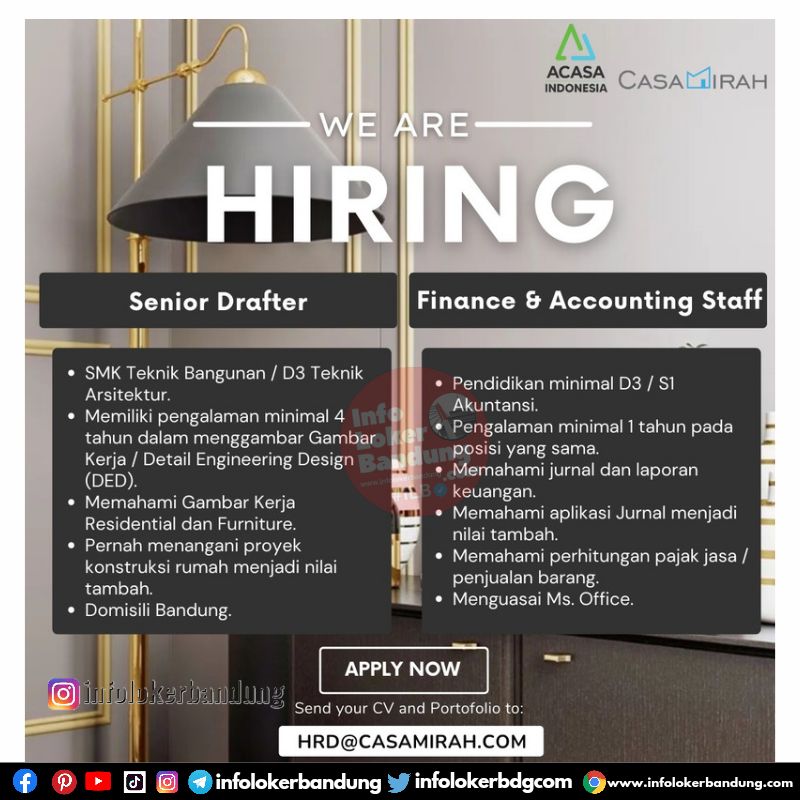 Lowongan Kerja Senior Drafter & Finance & Accounting Staff Acasa Jaya Indonesia Bandung April 2022