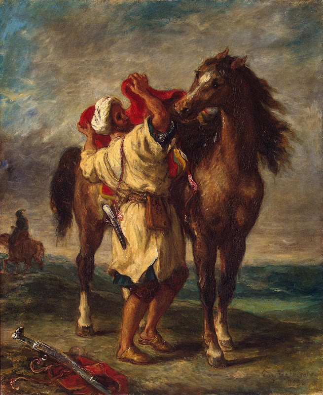 Arab Saddling his Horse by Eugene Delacroix - Genre Paintings from Hermitage Museum