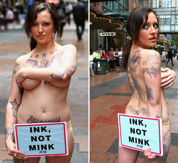 "Tattooed model and PETA supporter Dani Lugosi protests against the wearing