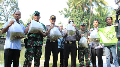 Dampingi Dinas Pertanian Pangan dan Perikanan Kabupaten Purworejo, Danramil/09 Pituruh, Waka Polsek Pituruh Tebar Benih Ikan Nilem di Embung Megulunglor