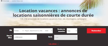 Les critères de recherche dans la rubrique Vacances de Paruvendu