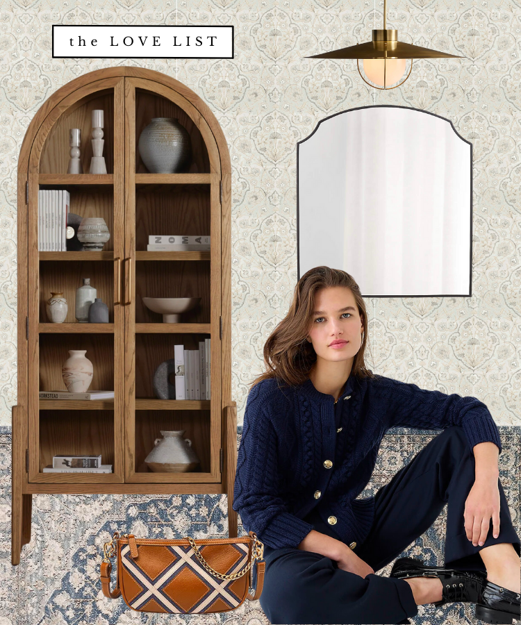 fall home decor idea with arched bookcase, medallion blue rug, brass pendant light