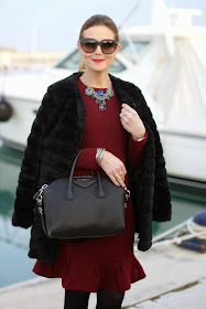 black faux fur, Carven burgundy dress, Givenchy Antigona bag, Fashion and Cookies, fashion blogger