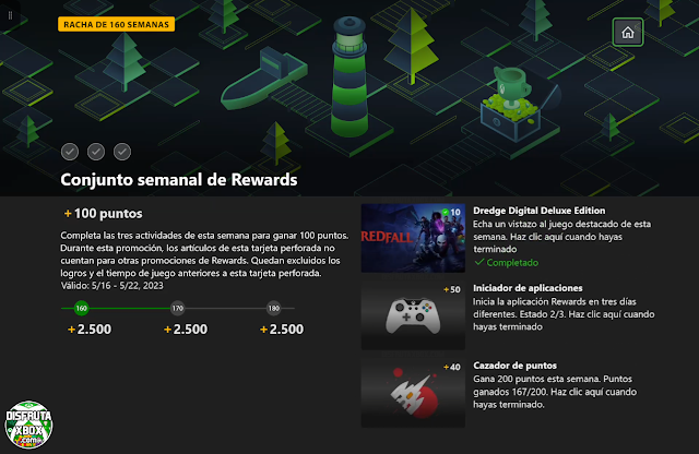 Conjunto semanal de Rewards: 100 puntos (160 Semanas completadas) + 2500 puntos de bonificación