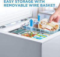 Midea MRC04M3AWW Chest Freezer 3.5 cu.ft Mini Freezer, removable wire basket, inside view, image