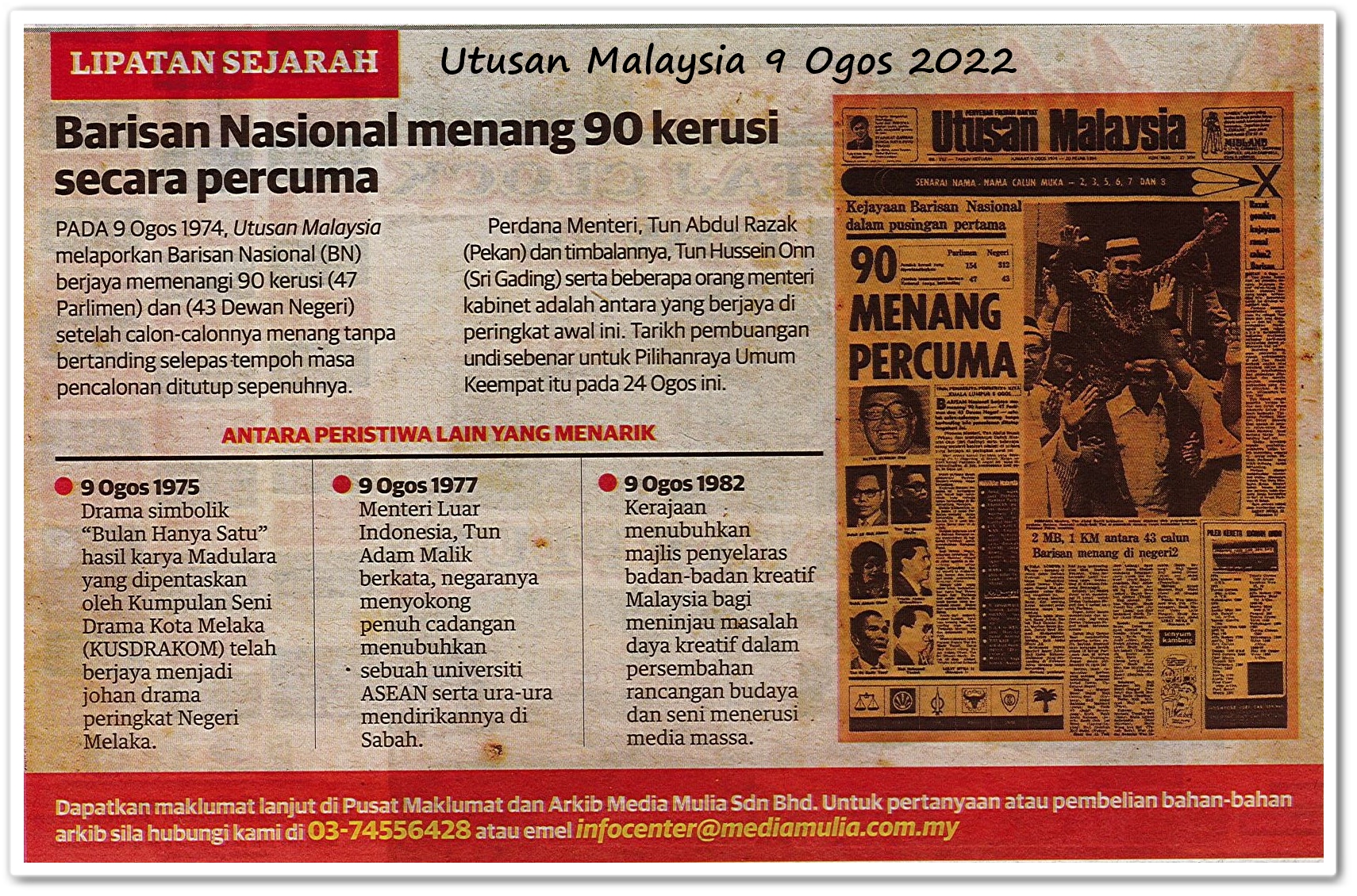 Lipatan sejarah 9 Ogos - Keratan akhbar Utusan Malaysia 9 Ogos 2022