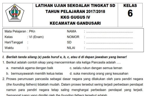 Soal Pkn Kelas 6 Ujian Sekolah 2018 Pdf Jawabanku Id