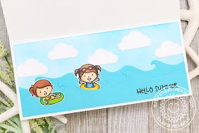 Sunny Studio Stamps: Coastal Cuties, Beach Babies & Seasonal Trees Catch A Wave Summer Beach Themed Card by Juliana Michaels (using Catch A Wave & Fluffy Cloud Dies)
