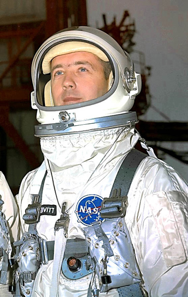 A file photo of NASA astronaut James McDivitt in his spacesuit for the Gemini 4 mission.