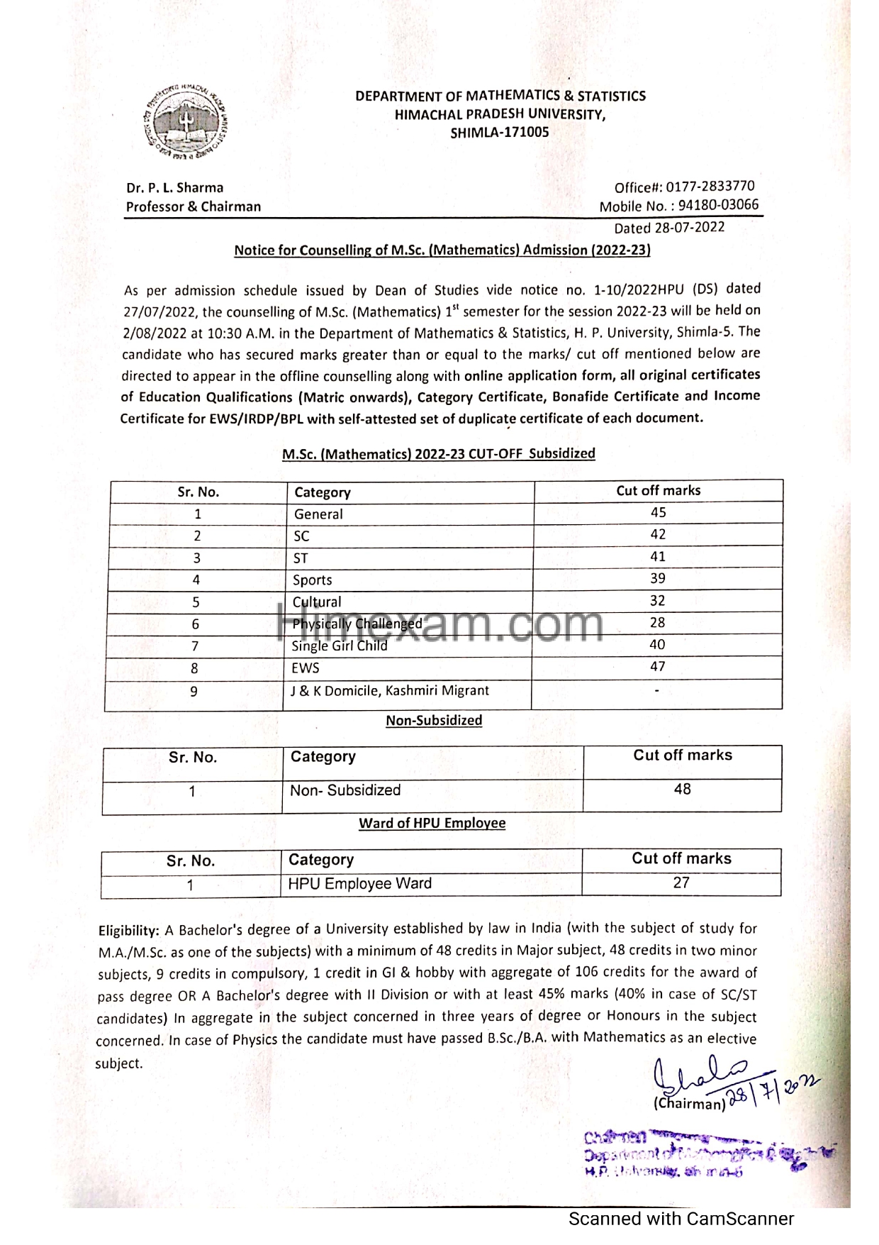 Notice of Counselling & Cut Off for M.sc. Mathematics -HPU Shimla