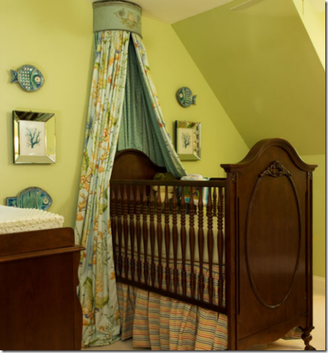 boys nursery canopy over crib green blue