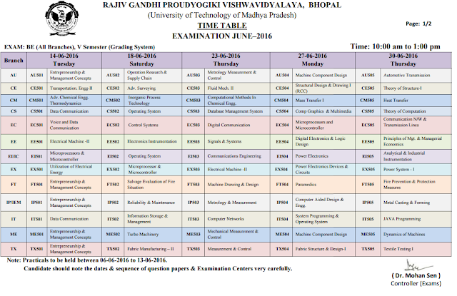 RGPV B.E 5th Semester (Grading System) Examination Time Table