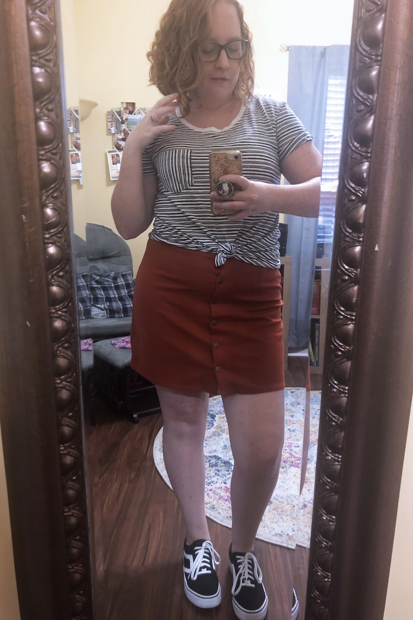 striped tshirt orange skirt