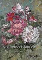Flowers for an occasion - 7 x 5 oil painting of aspray of white and pink roses, by Clemence St. Laurent