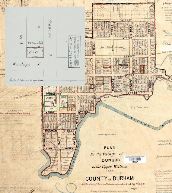 Village of Dungog, County of Durham revised 1886 with insert from the Title showing Mary's property, farquharmacrae.blogspot.com