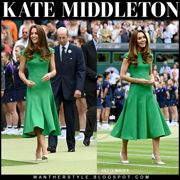 Kate Middleton in green midi dress and white pumps
