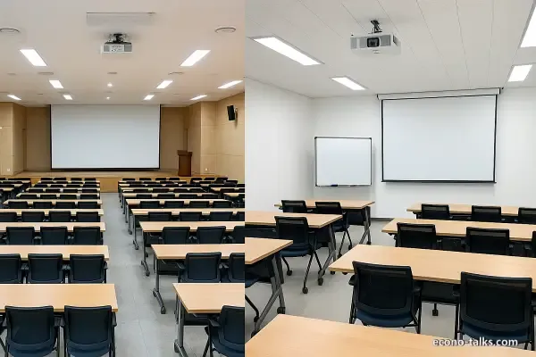 현대적인 공공 회의 공간, 큰 대강당과 회의실 내부, 책상과 의자가 깔끔하게 정돈된 모습