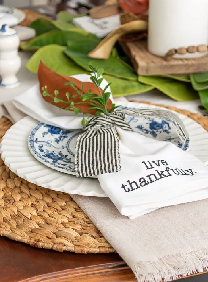 blue and copper Thanksgiving place setting