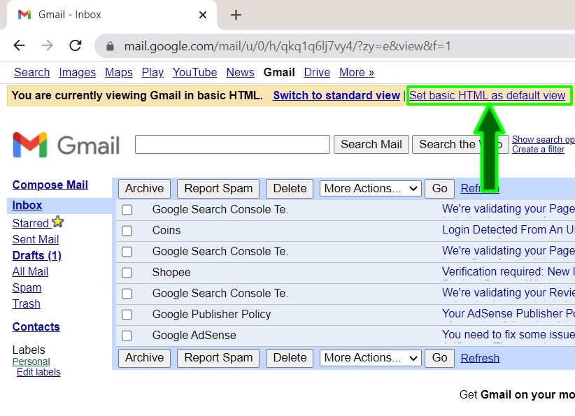 set basic html as default view for gmail account