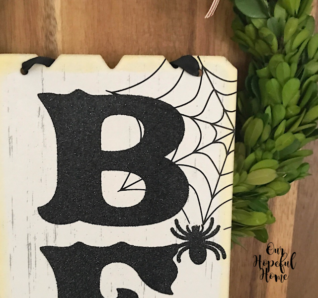 black glitter spider web Beware Halloween sign