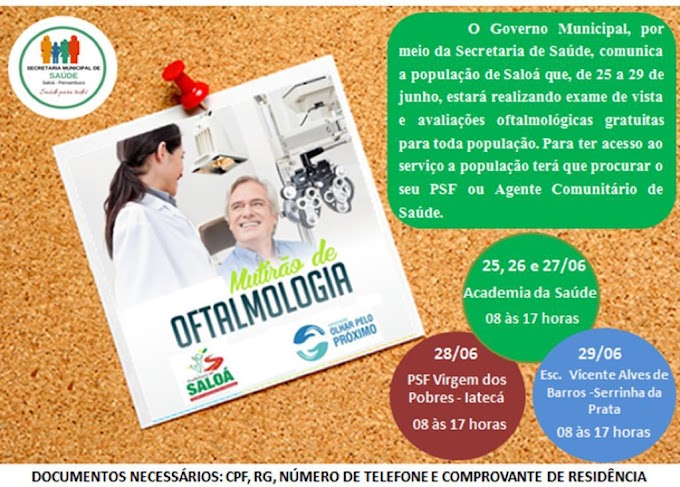 Exame de vista e avaliações oftalmológicas gratuitas em Saloá