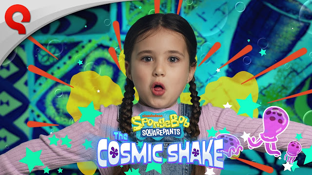 Miniatura do vídeo de SpongeBob SquarePants: The Cosmic Shake mostrando o logotipo do jogo, algumas águas-vivas do desenho e uma menina de trancinhas fazendo uma careta.