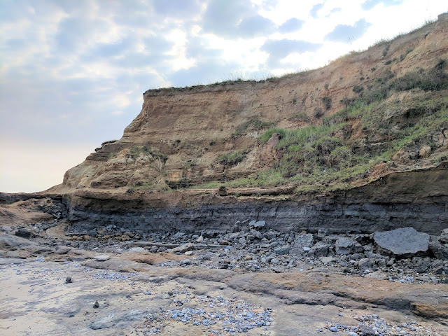 The cliff section at Happisburgh. From top to bottom: Happisburgh Sand Member, Ostend Clay, Happisburgh Till