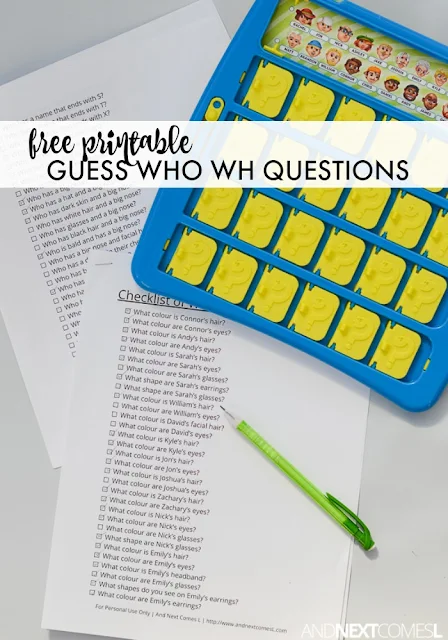 Free printable WH questions for kids with autism or hyperlexia to practice using the game Guess Who from And Next Comes L