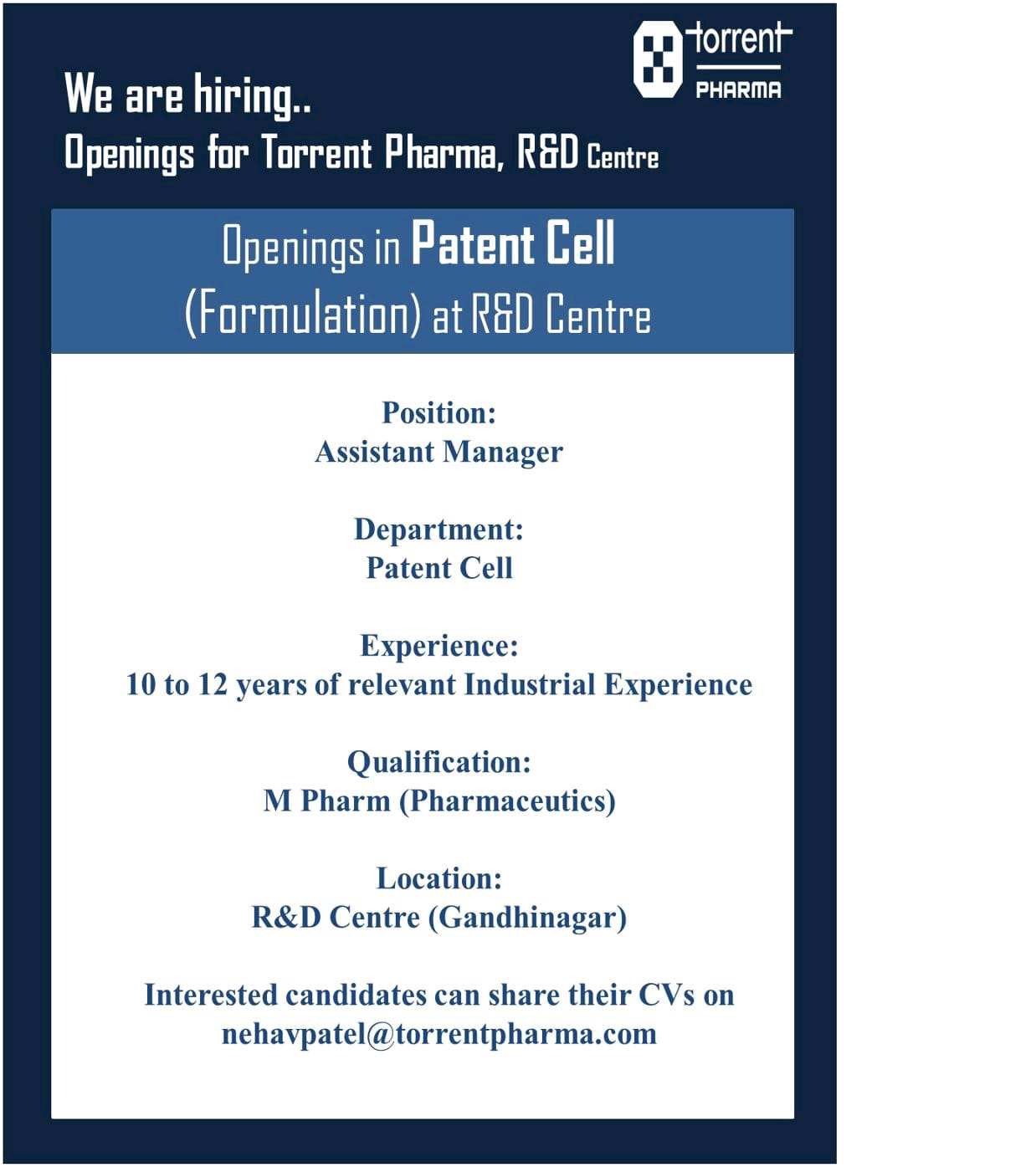 Job Available's for Torrent Pharma Job Vacancy for Patent Cell