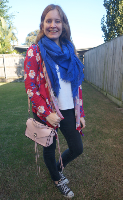 cobalt and magenta scarf and floral kimono outfit with white tee and black jeans | awayfromblue