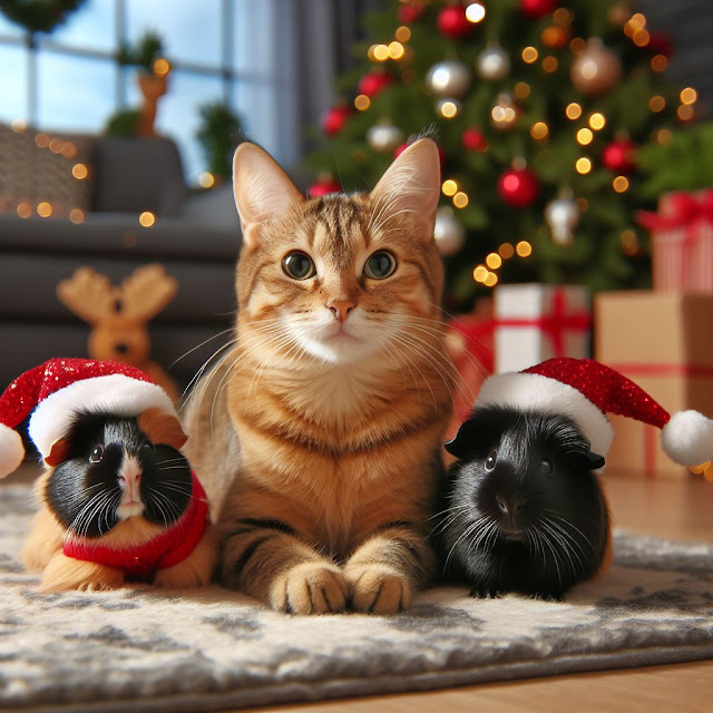 A fawn tabby cat and two black guinea pigs in a Christmas-themed living room