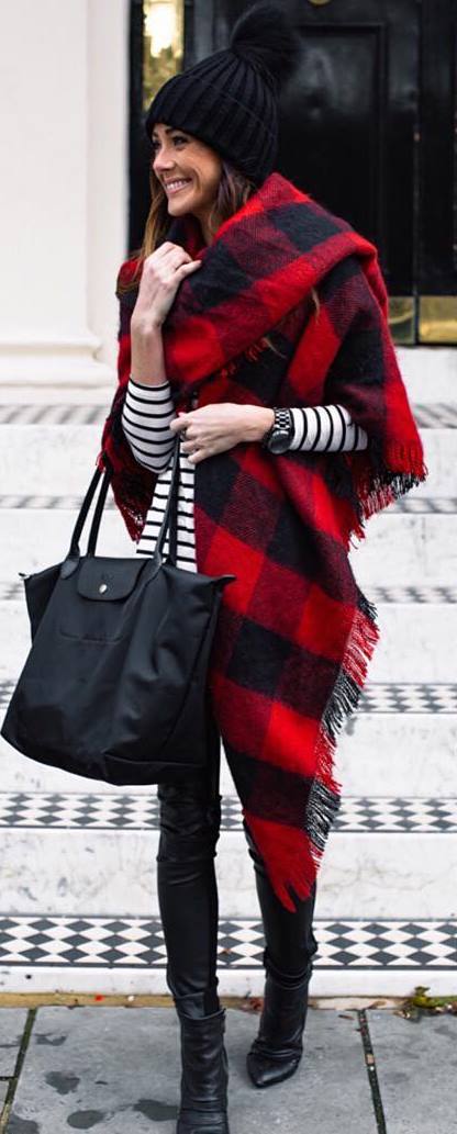 cool outfit idea / bag + stripped top + plaid scarf + skinnies + boots + knit hat