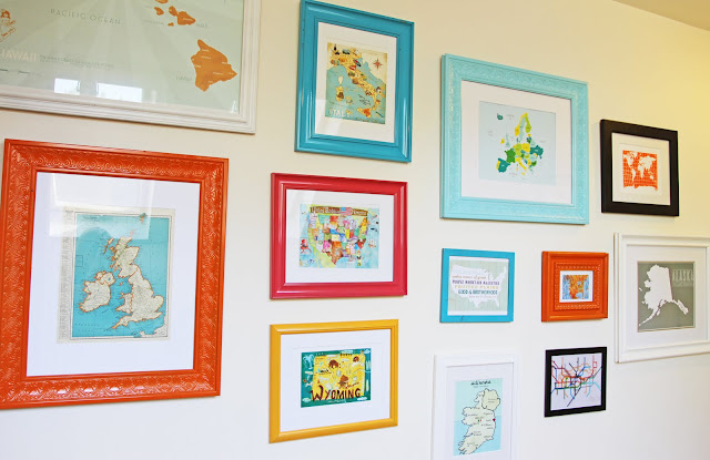 DIY Gallery Map Wall with colorful painted frames