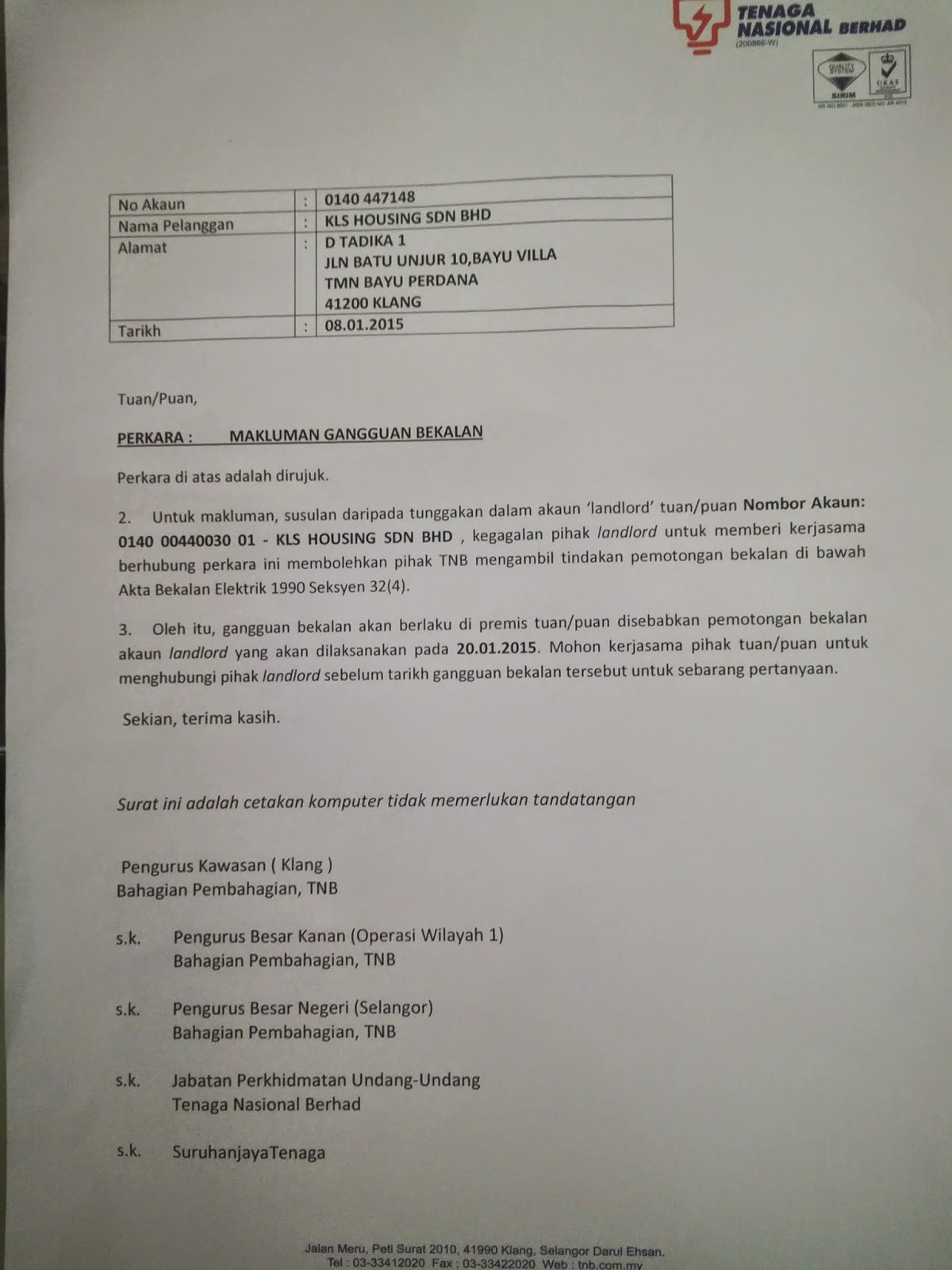 Contoh Surat Rasmi Pemotongan Bekalan Elektrik - Contoh Tiap