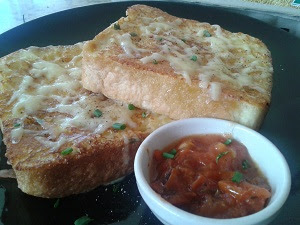 Cheesy french toast with cheats tomato relish