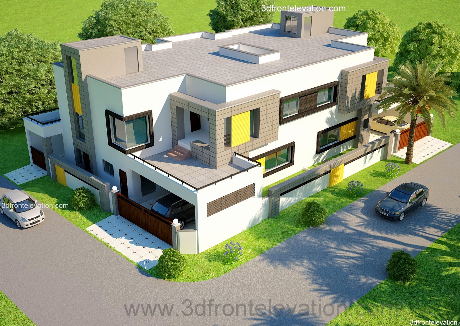 3D Front Elevation com 1 Kanal Corner Plot 2 House 