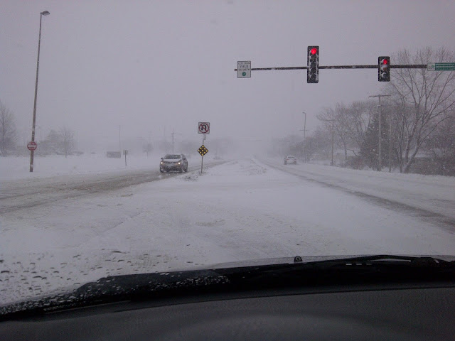 View out windshield of snow covered road and low visibility at stoplight