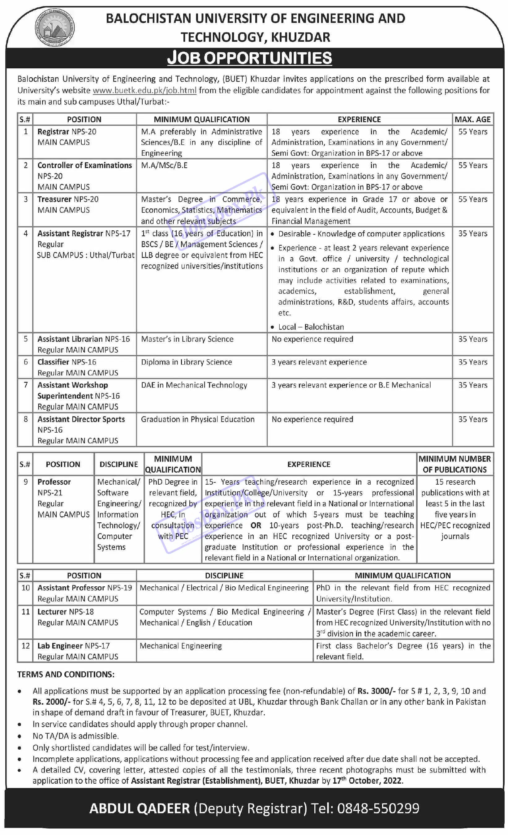 BUET Jobs 2022 - Balochistan University of Engineering & Technology Jobs 2022 - www.buetk.edu.pk Online Apply