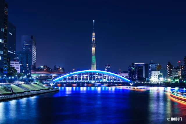 ライトアップされたスカイツリーと永代橋