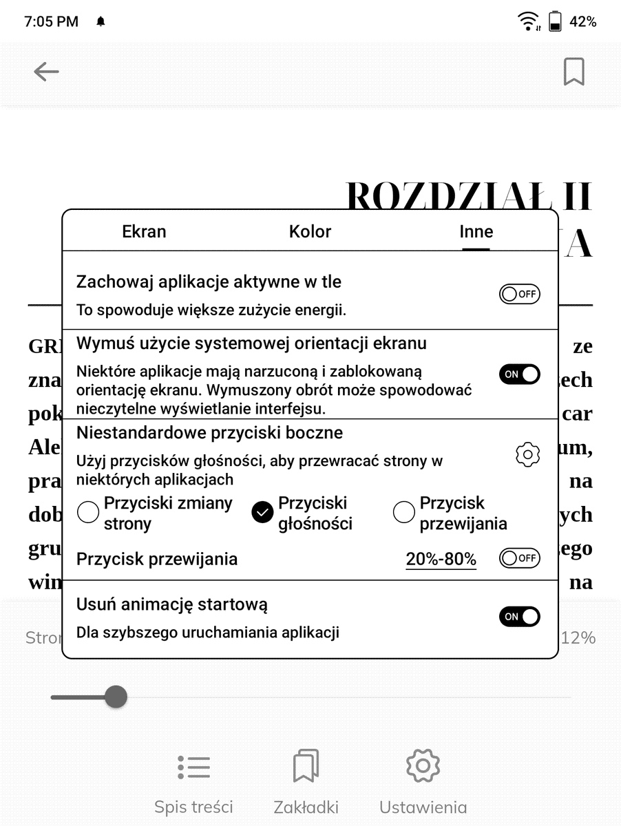 Onyx Boox Page – karta Inne w ustawieniach optymalizacji aplikacji