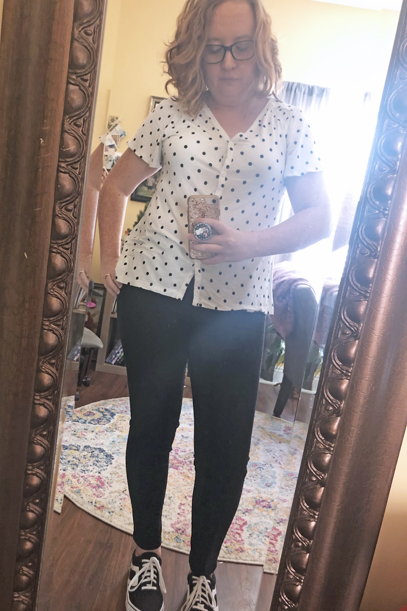 polka dot shirt black jeans