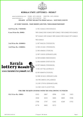 Kerala Lottery Result 18.7.22 Win Win W 677 Lottery Results online