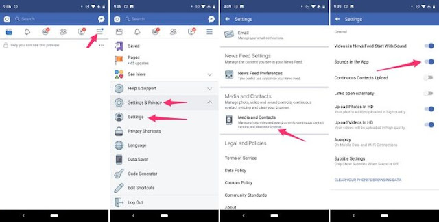 How to turn-off  sounds in the Facebook app