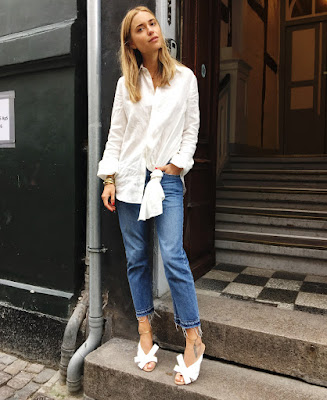 Pernille Teisbaek White Button Shirt + Bow Sandals