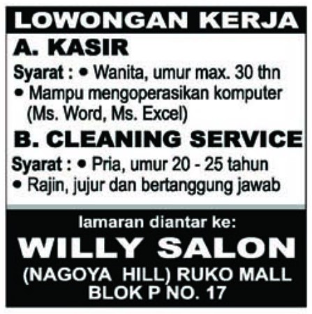 Loker Kasir & Cleaning Service Willy Salon Batam - bursakerjabatam.com