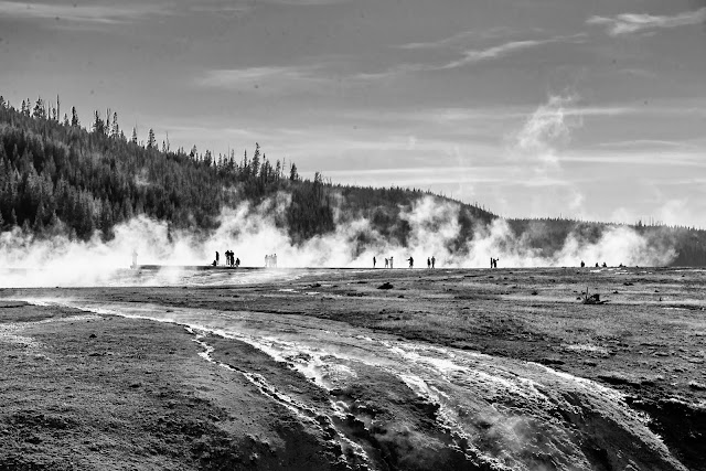 Grand Prismatic Spring Boardwalk and People Dramatic Black and White May 2021 Yellowstone National Park Wyoming USA