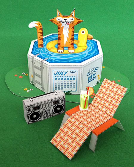 Pool Cat Papercraft Calendar July